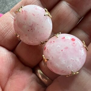 Vintage Vogue blush pink glass dark pink flecks clip gold tone prong earrings